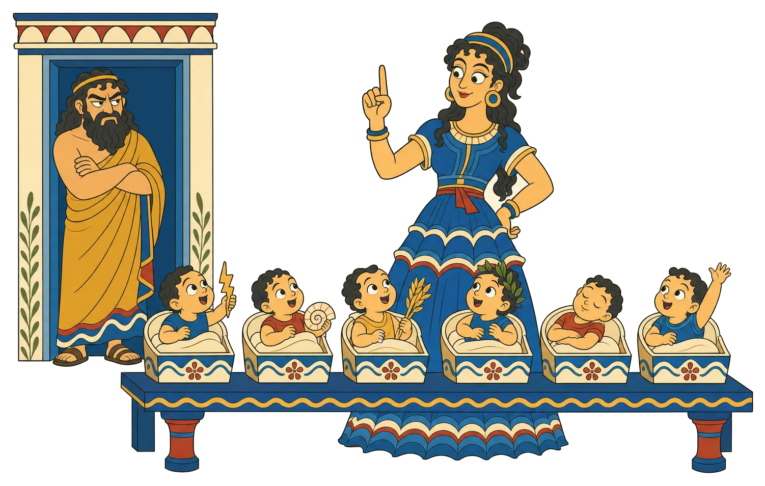 Rhea, in a blue flounced dress, stands behind a bench of six cradles with one finger raised to count in; six infants watch her hand. Kronos sulks, arms folded, in a doorway at the left.