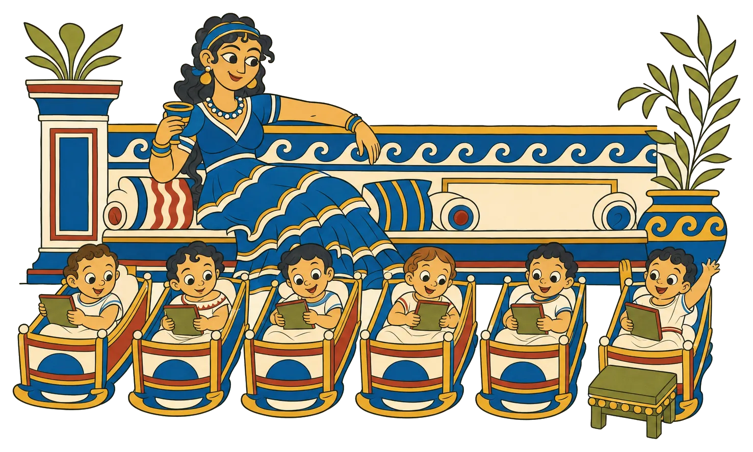 Rhea reclines on a couch with a cup; six infants in a row of cradles each hold a small tablet. The sixth cradle sits a little apart on a green footstool, its baby waving.