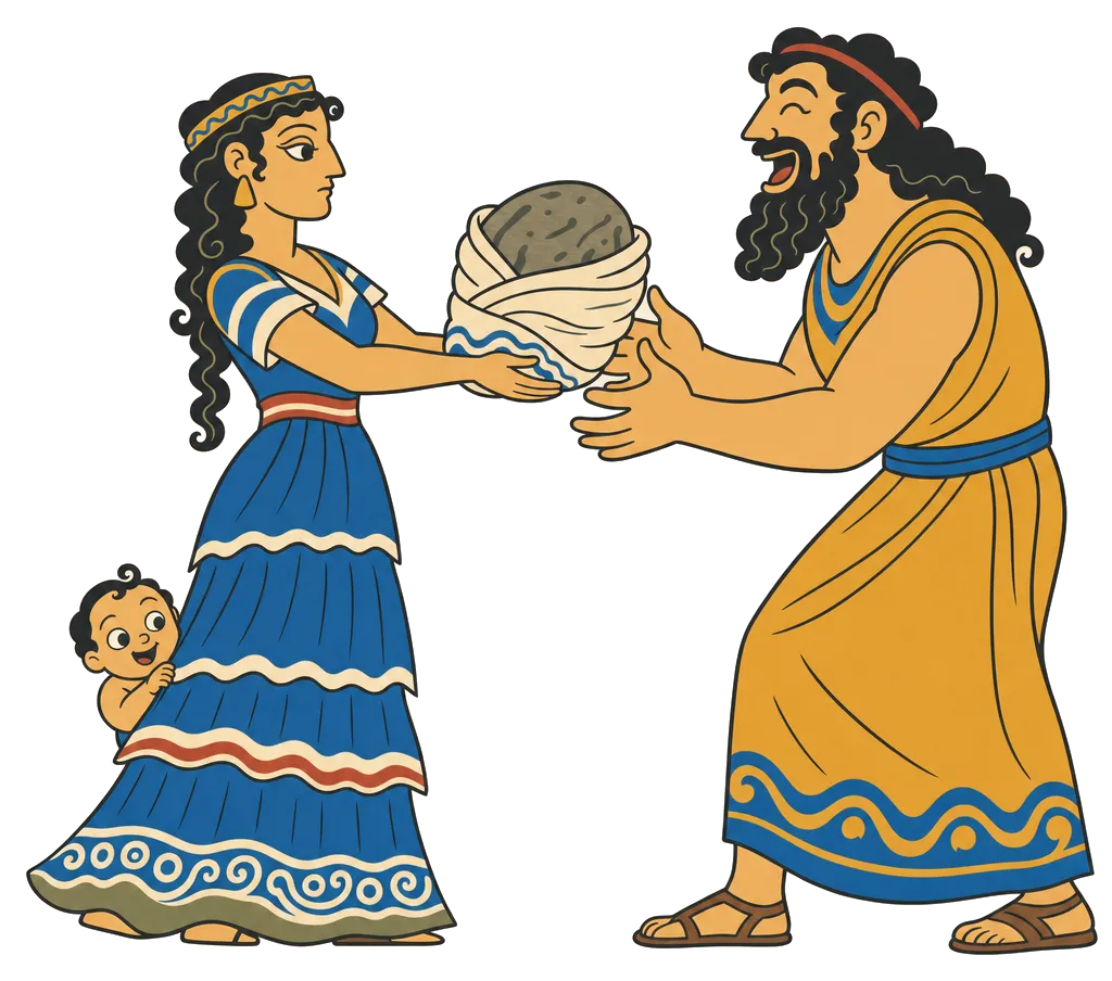 Rhea hands a swaddled rock to a delighted Kronos, straight-faced. A small baby peeks out from behind her skirt.